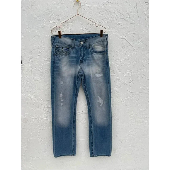 True Religion Mens Distressed Straight Cut Denim Jeans Light Blue Size 32 - Picture 16 of 16